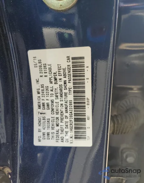 2016 Honda Accord Lx из США, поврежденный, VIN 1HGCR2F39GA220985